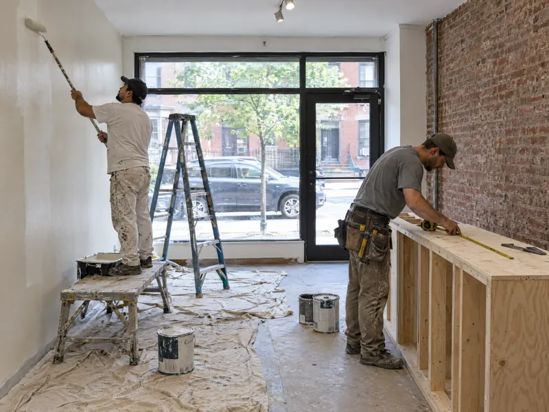 A painter rolling a fresh wall and a carpenter measuring a counter frame inside a storefront mid fit-out.