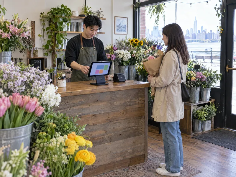 A florist setting up a tablet point-of-sale system while a customer waits with a bouquet.
