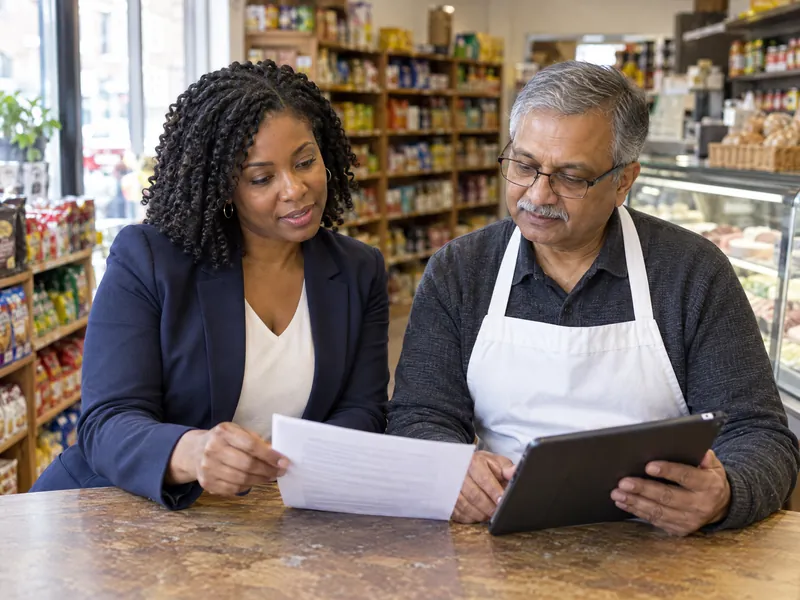 An insurance broker reviewing a policy with a deli owner at the shop counter.