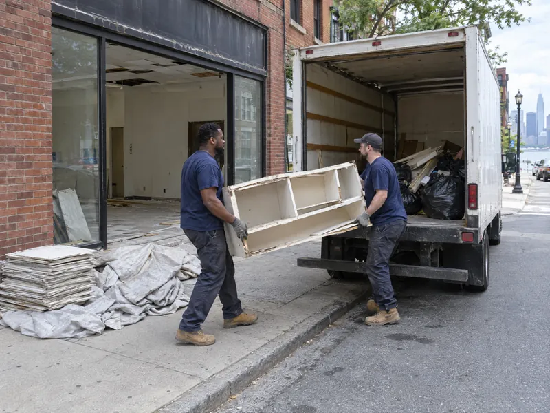 A two-person crew loading shelving and fit-out debris from an empty storefront into a box truck.
