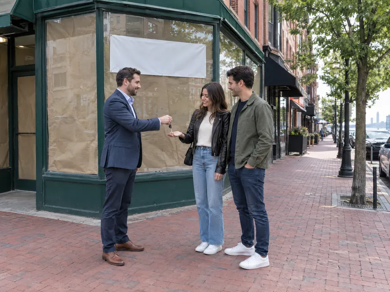 A commercial broker handing keys to a couple outside a vacant corner storefront.