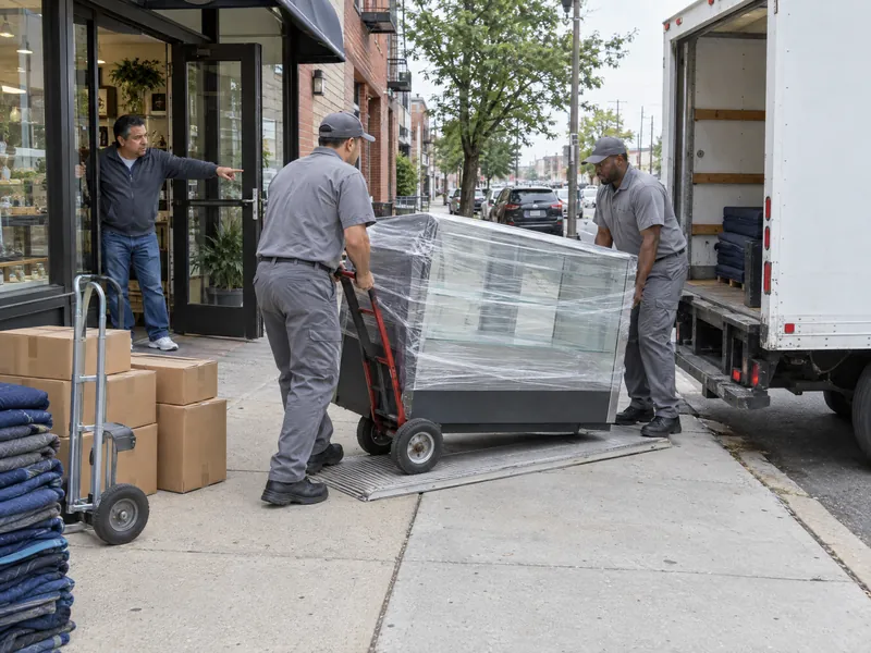 Movers wheeling a wrapped display counter from a small storefront into a moving truck while the owner holds the door.