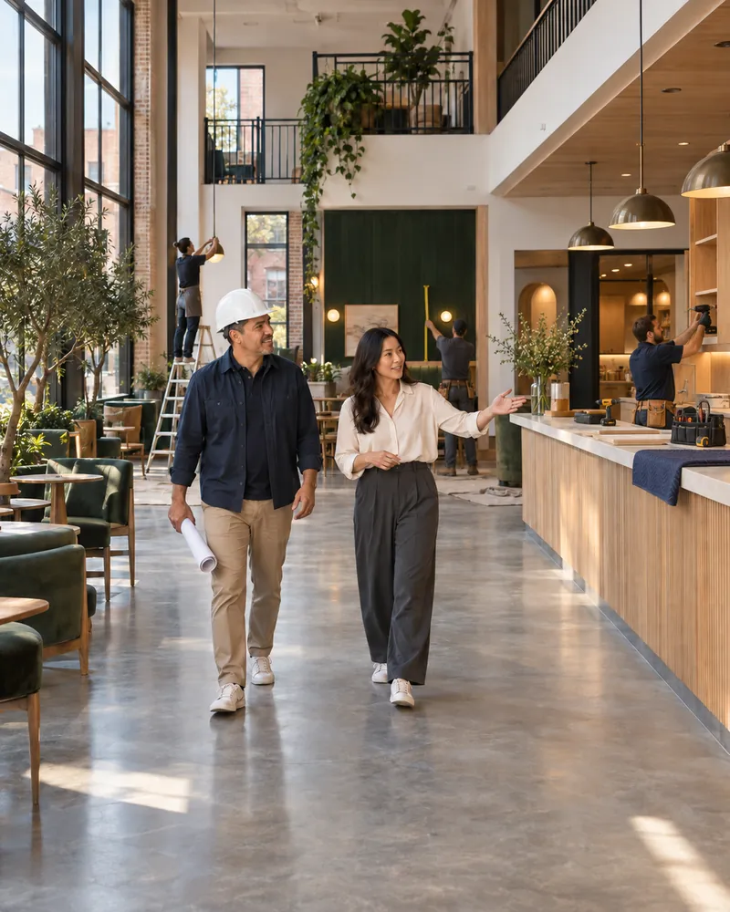 Business owner and project lead in a white hard hat walking through a high-ceiling cafe as tradespeople complete finishing work.