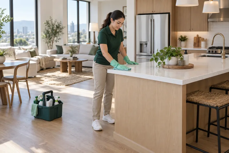 A professional cleaning a bright apartment kitchen.