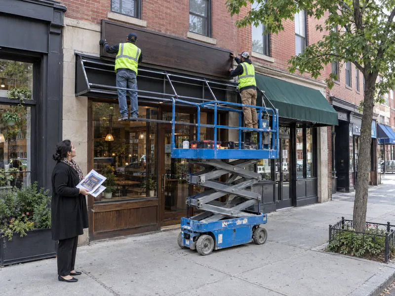 Installers on a lift mounting a storefront sign and awning while the owner checks design proofs.