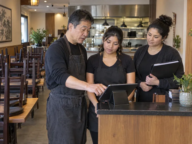 A restaurant owner walking a new hire through the order tablet while a staffing coordinator checks the schedule.
