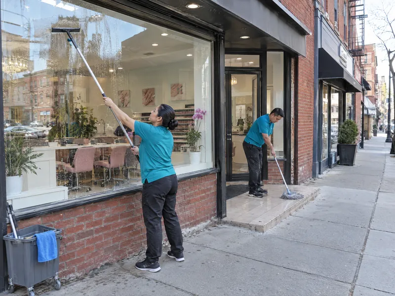 A commercial cleaner washing a nail salon's front window on a brick commercial street.